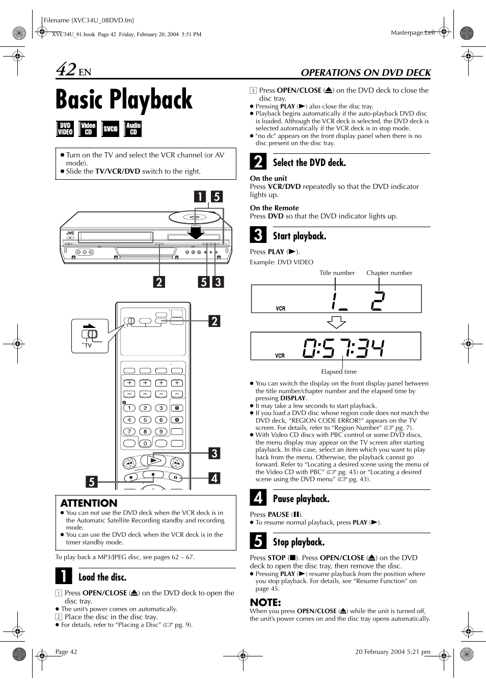 Operations on dvd deck, Basic playback, Top (8)) | Pg. 42 | JVC HR-XVC34U User Manual | Page 42 / 92