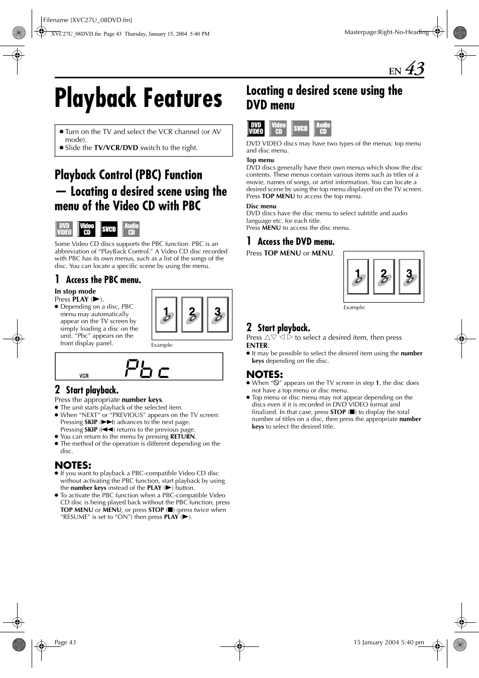 Playback features, Playback control (pbc) function, Locating a desired scene using the dvd menu | Pg. 43, Pg. 68, Y butto, H button (ski, Pg. 43) or “locating a desired, Scene using the dvd menu, Pg. 43) | JVC HR-XVC34U User Manual | Page 43 / 92