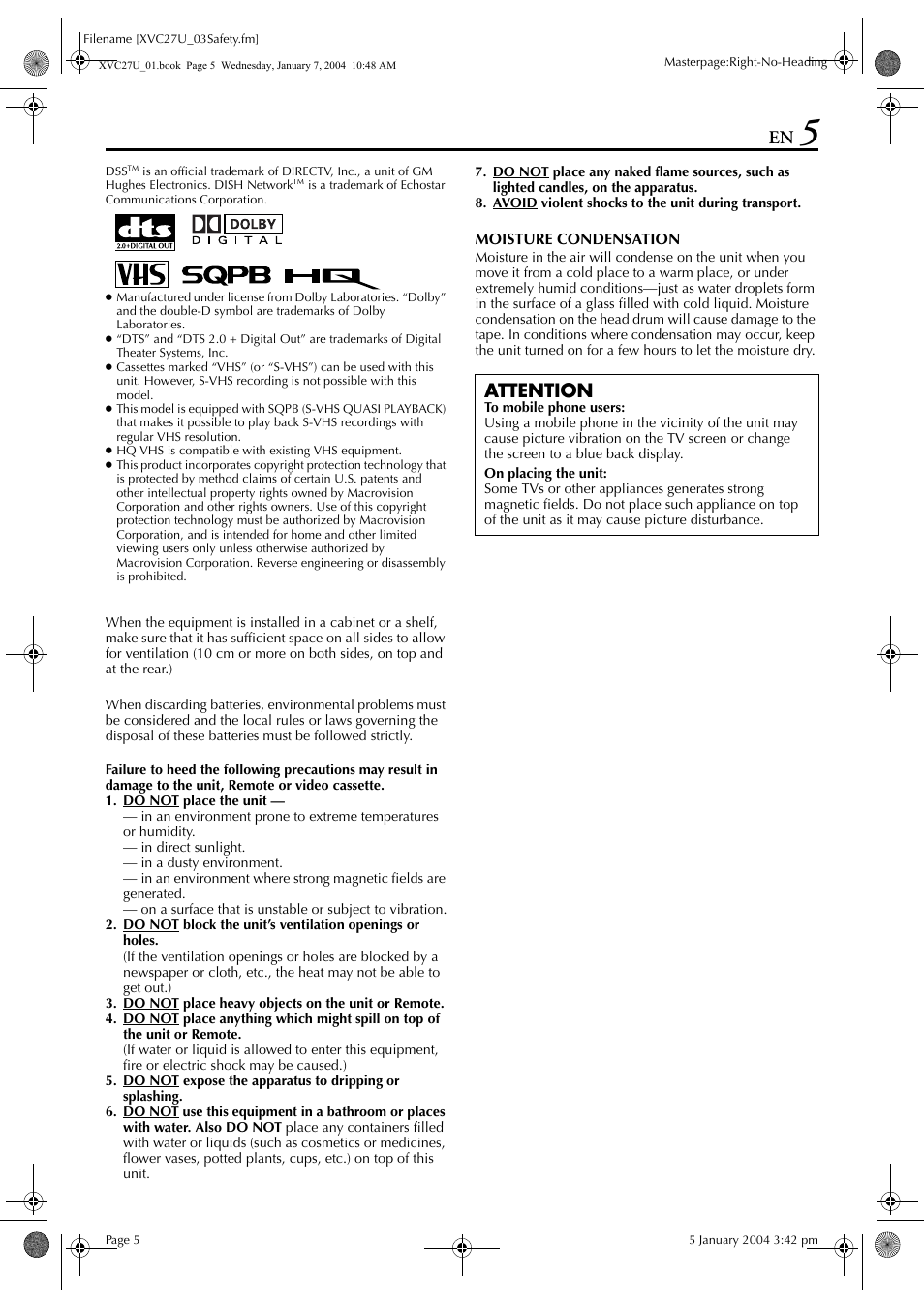 Attention | JVC HR-XVC34U User Manual | Page 5 / 92