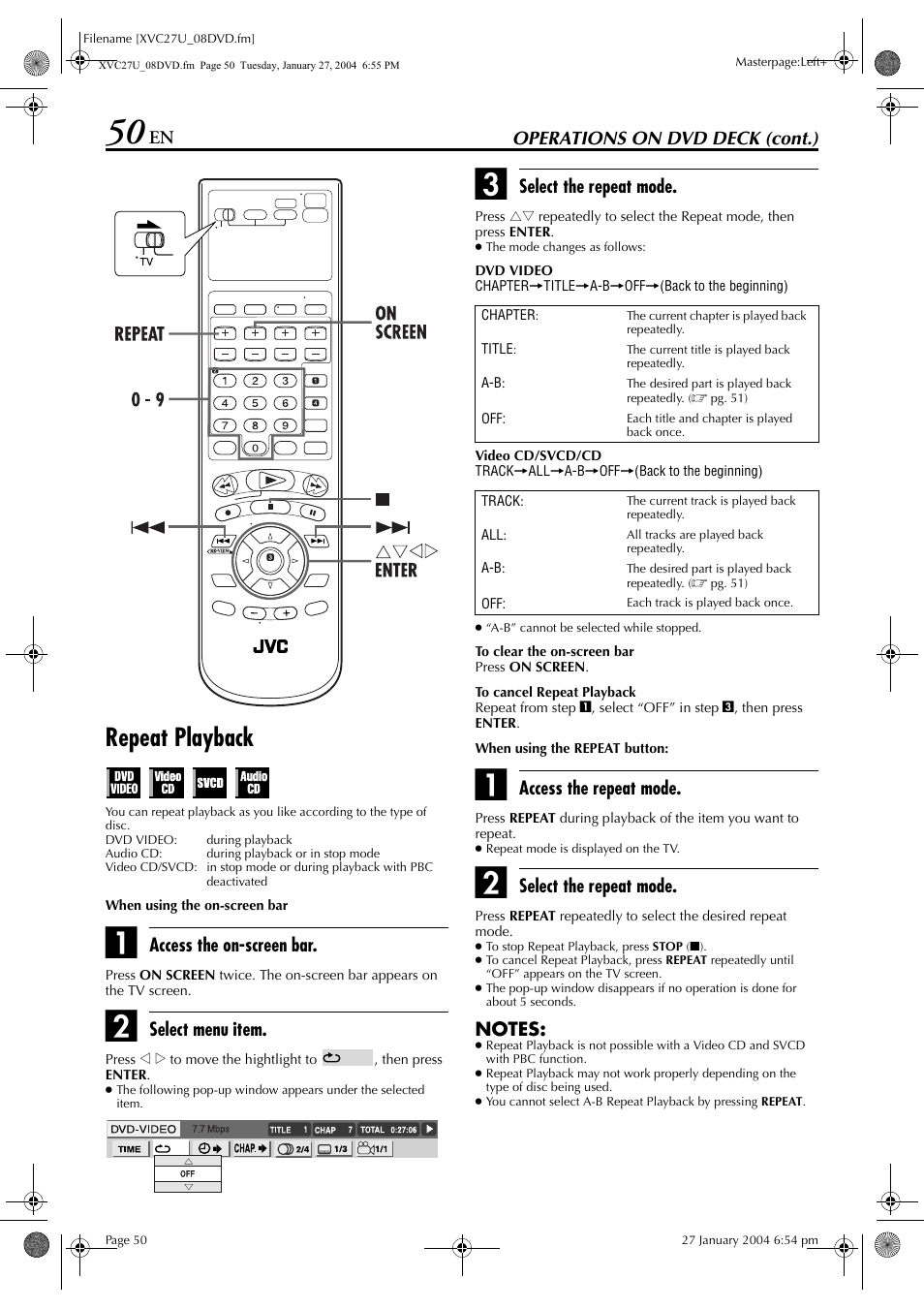 Repeat playback, Pg. 50, Pg. 50) | JVC HR-XVC34U User Manual | Page 50 / 92