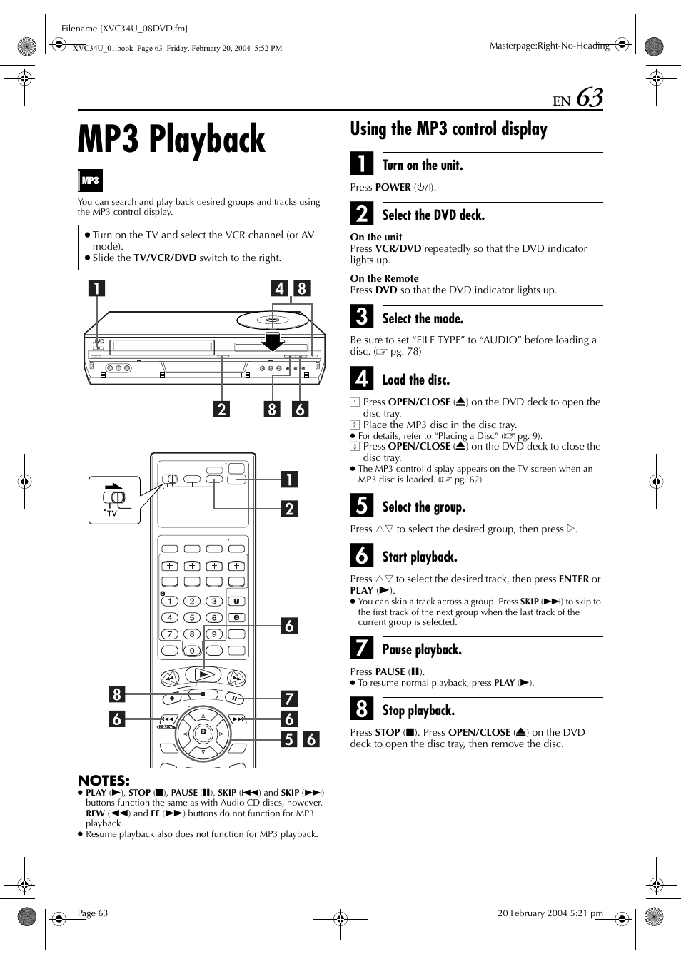 Mp3 playback, Using the mp3 control display | JVC HR-XVC34U User Manual | Page 63 / 92