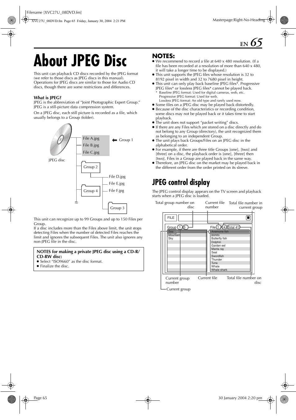 About jpeg disc, Jpeg control display | JVC HR-XVC34U User Manual | Page 65 / 92