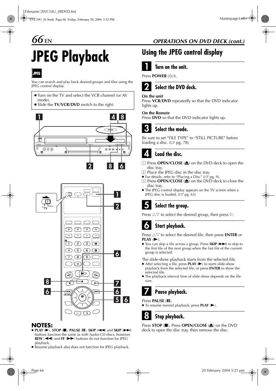 Jpeg playback, Using the jpeg control display | JVC HR-XVC34U User Manual | Page 66 / 92