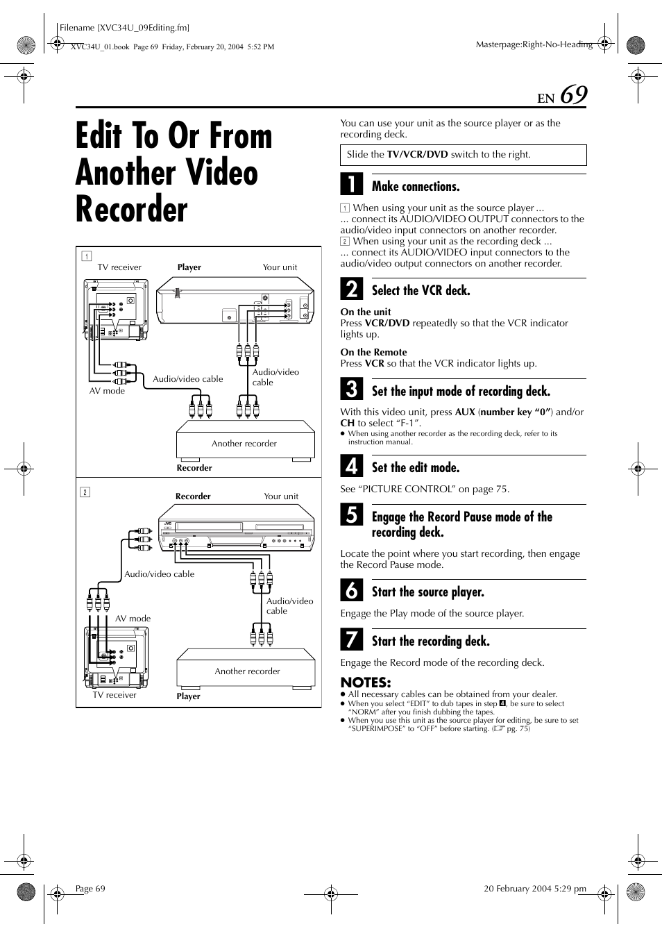 Edit to or from another video recorder | JVC HR-XVC34U User Manual | Page 69 / 92