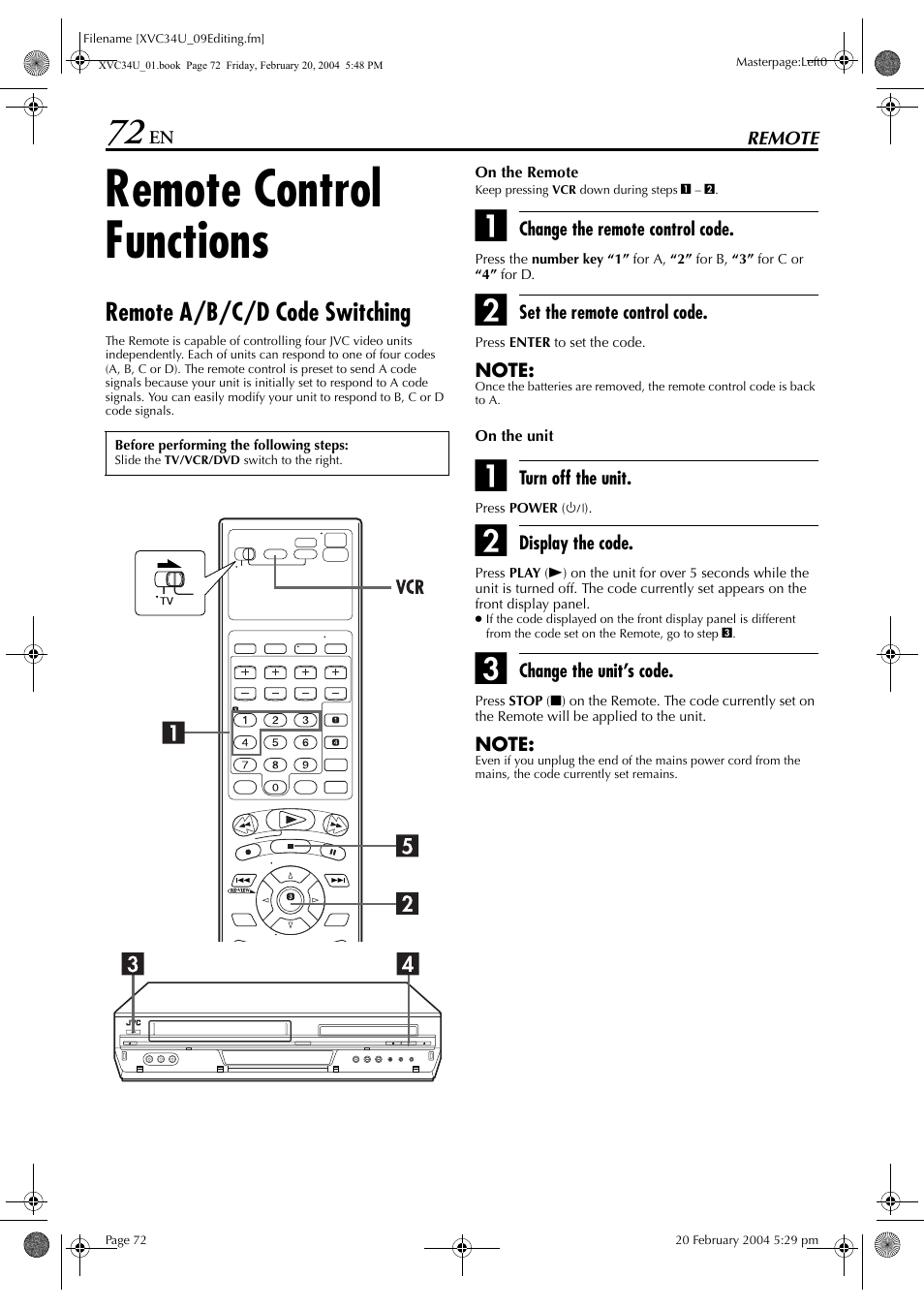 Remote, Remote control functions, Remote a/b/c/d code switching | Remote 72 | JVC HR-XVC34U User Manual | Page 72 / 92