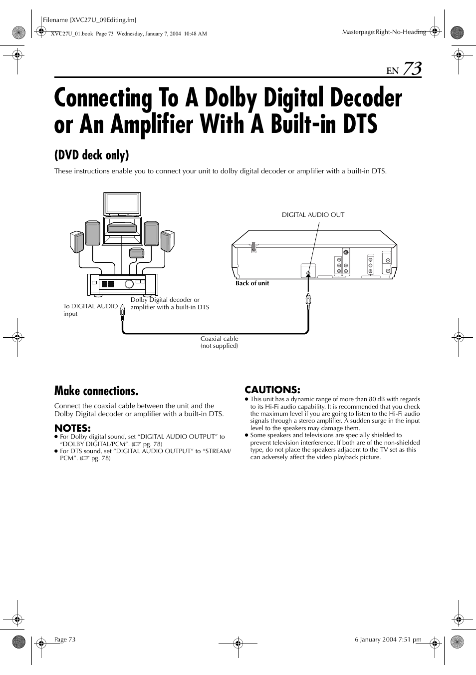 Make connections, Connecting to a dolby digital decoder or, An amplifier with a built-in dts (dvd deck only) | Dvd deck only) | JVC HR-XVC34U User Manual | Page 73 / 92