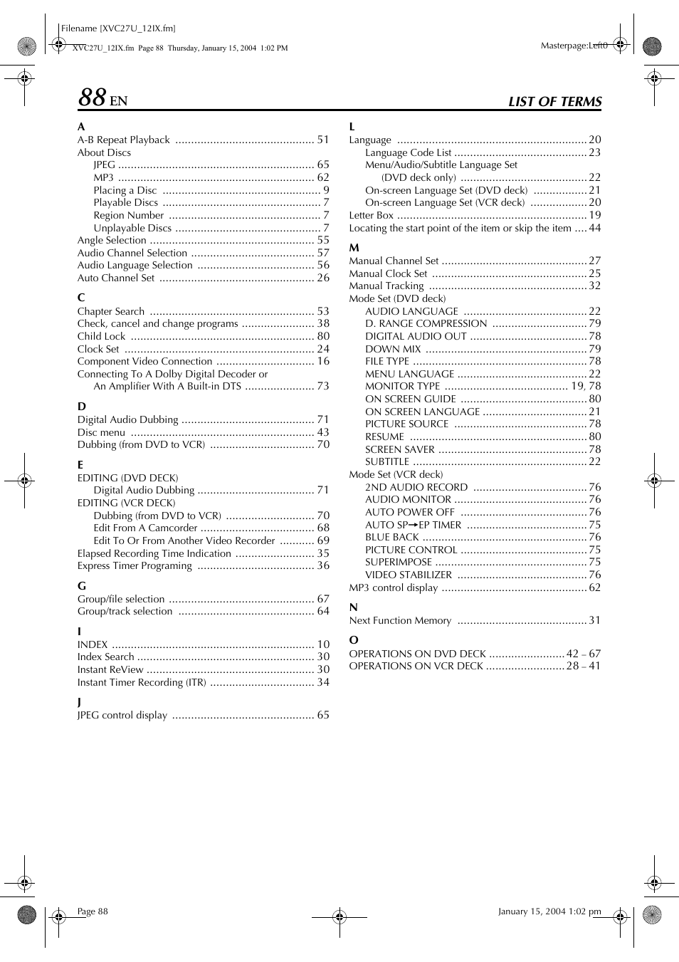 List of terms | JVC HR-XVC34U User Manual | Page 88 / 92