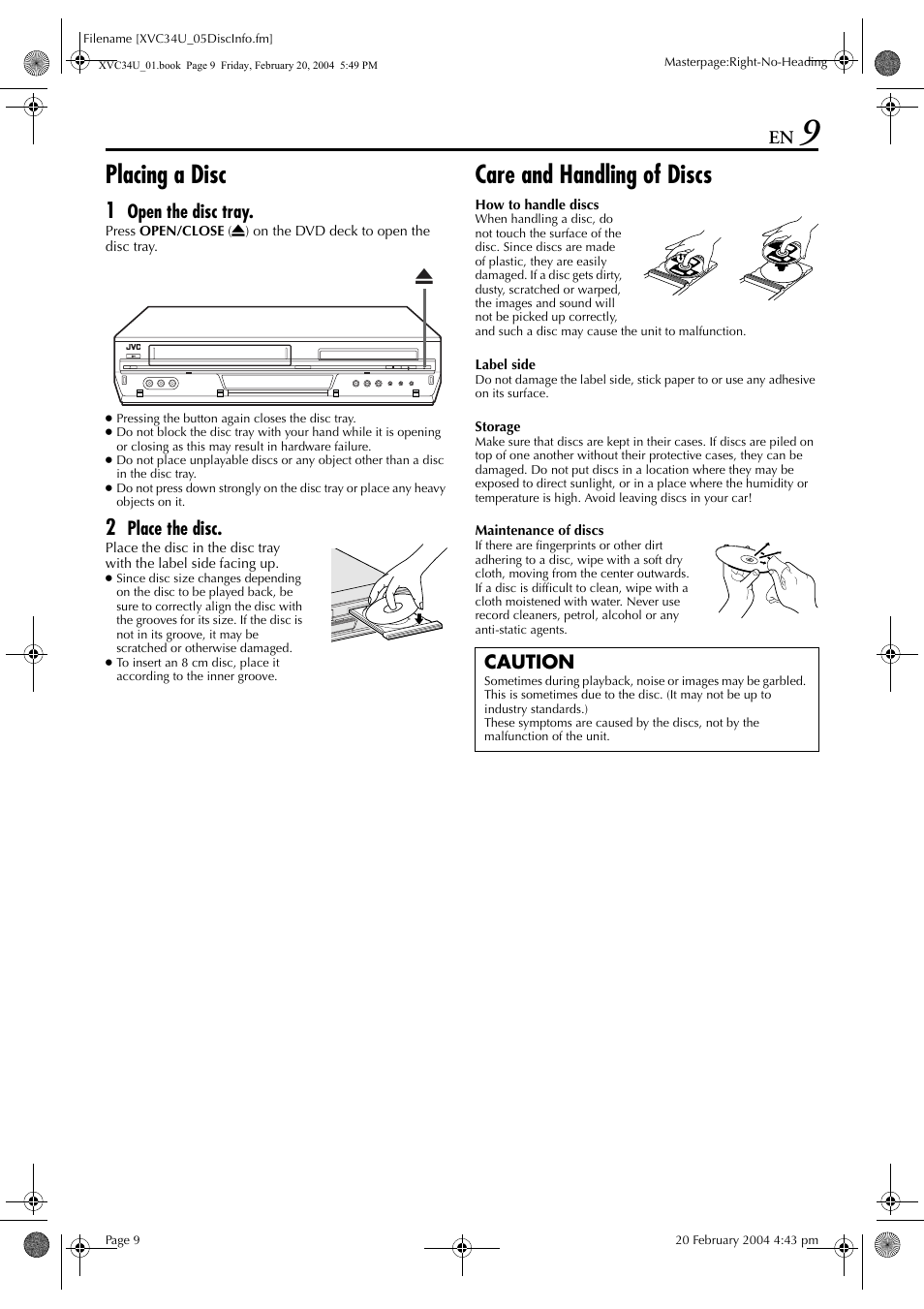 Placing a disc, Care and handling of discs, Open the disc tray | Place the disc, Xcaution | JVC HR-XVC34U User Manual | Page 9 / 92