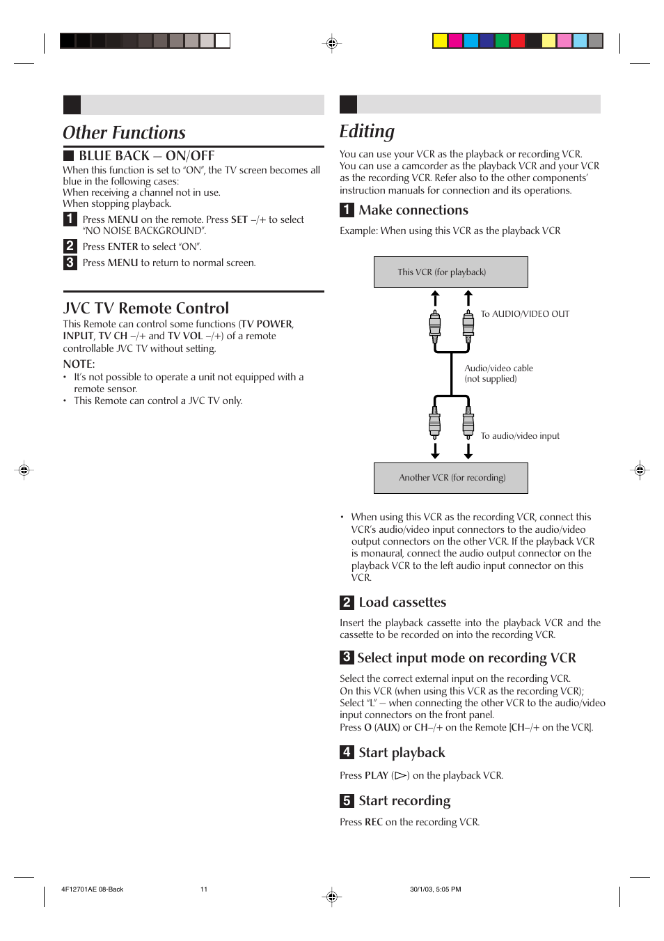 Other functions, Editing, Jvc tv remote control | JVC VHSSQPBHQ HR-J4010UM User Manual | Page 11 / 13