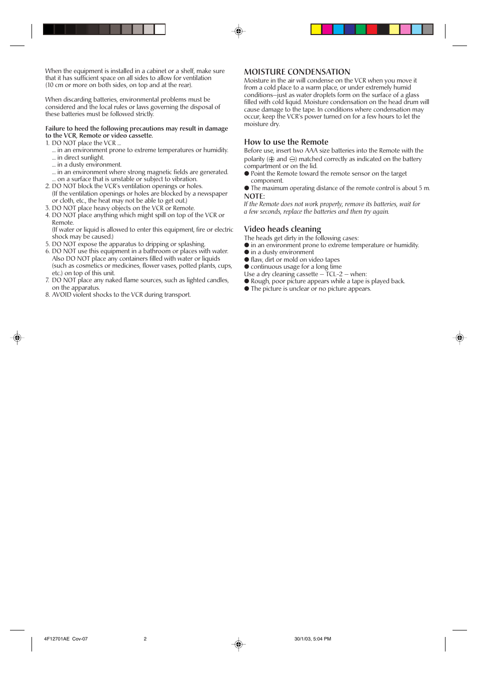 Moisture condensation, How to use the remote, Video heads cleaning | JVC VHSSQPBHQ HR-J4010UM User Manual | Page 2 / 13