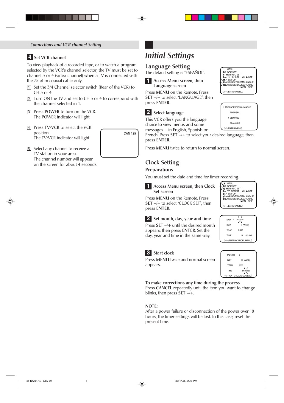 Initial settings, 4language setting, Clock setting | Preparations | JVC VHSSQPBHQ HR-J4010UM User Manual | Page 5 / 13