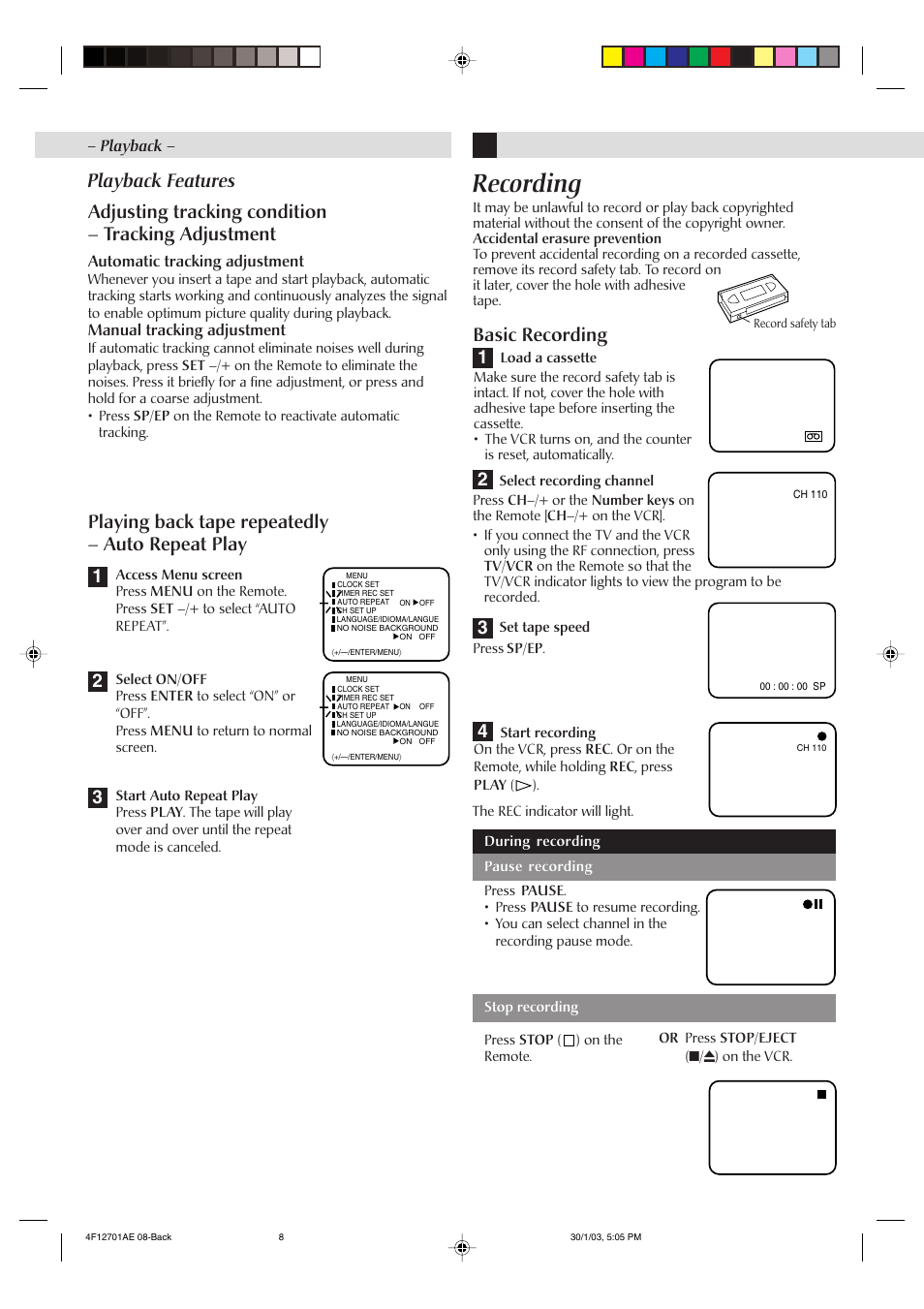 Recording, Adjusting tracking condition – tracking adjustment, Playing back tape repeatedly – auto repeat play | 3playback features, Basic recording | JVC VHSSQPBHQ HR-J4010UM User Manual | Page 8 / 13