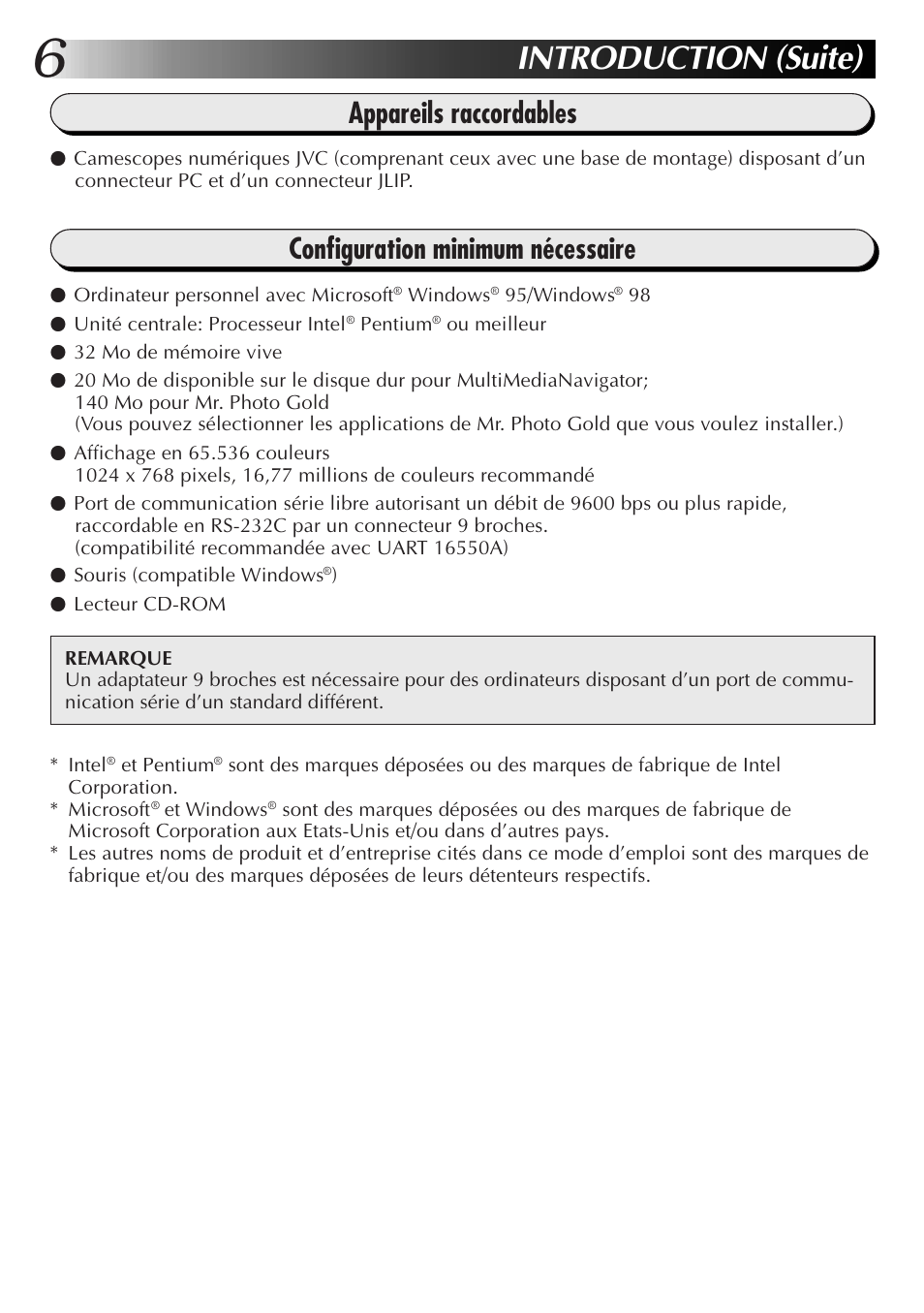 Introduction (suite), Appareils raccordables, Configuration minimum nécessaire | JVC MultiMediaNavigator User Manual | Page 46 / 222