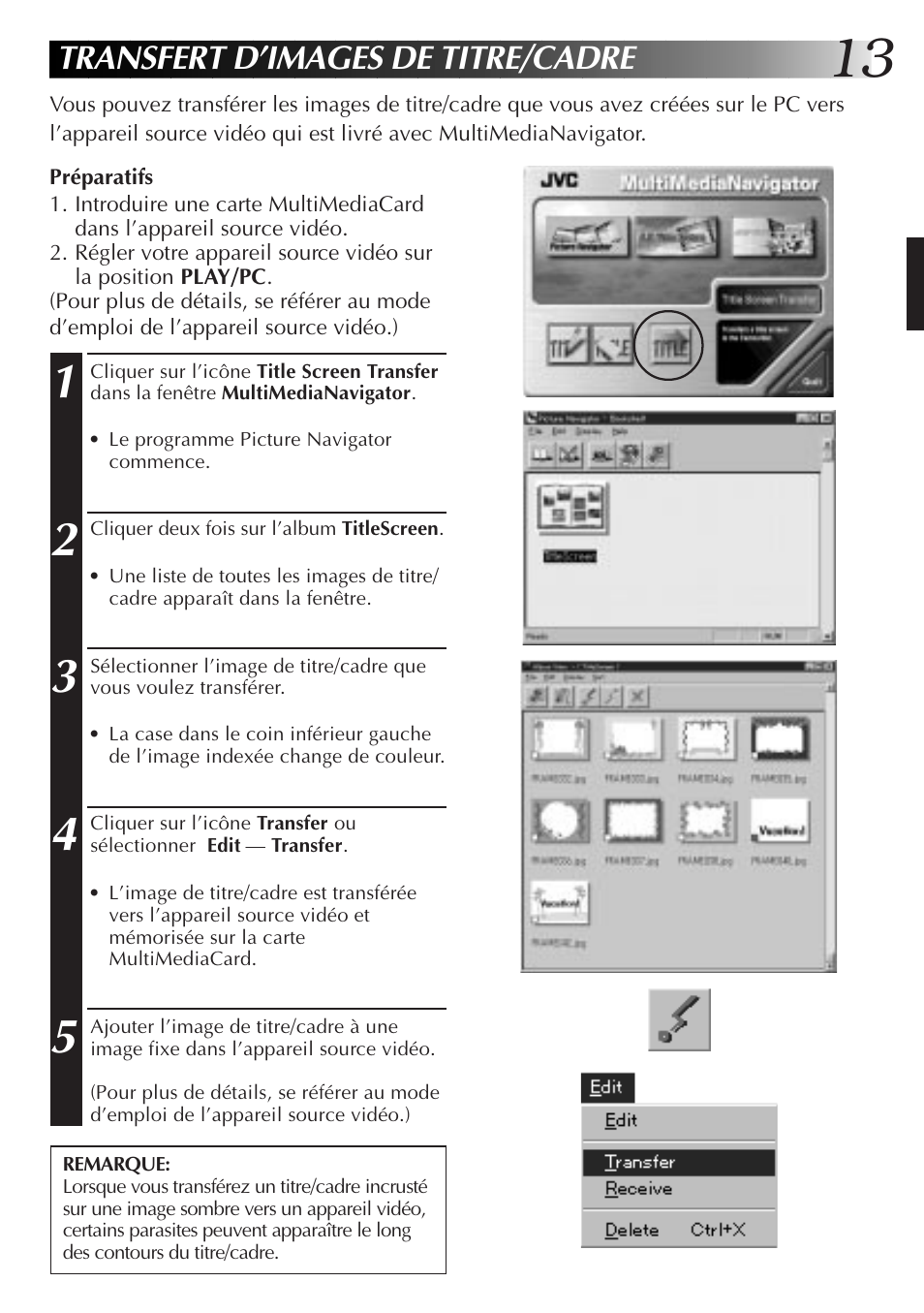 Transfert d’images de titre/cadre | JVC MultiMediaNavigator User Manual | Page 53 / 222