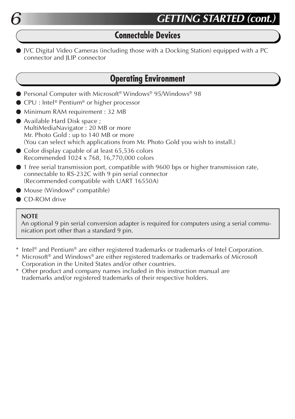 Getting started (cont.), Operating environment, Connectable devices | JVC MultiMediaNavigator User Manual | Page 6 / 222