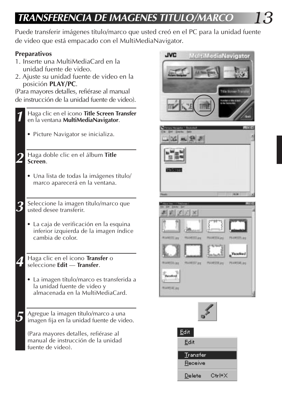 Transferencia de imagenes titulo/marco | JVC MultiMediaNavigator User Manual | Page 93 / 222