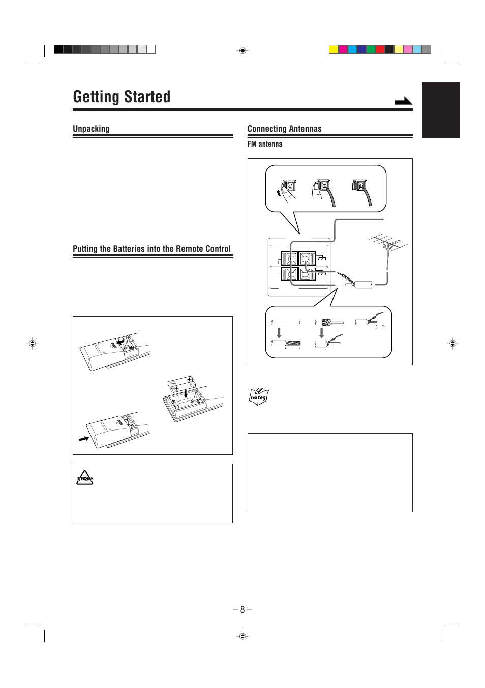 Getting started, Unpacking, Putting the batteries into the remote control | Connecting antennas | JVC CA-MXJ206 User Manual | Page 11 / 32