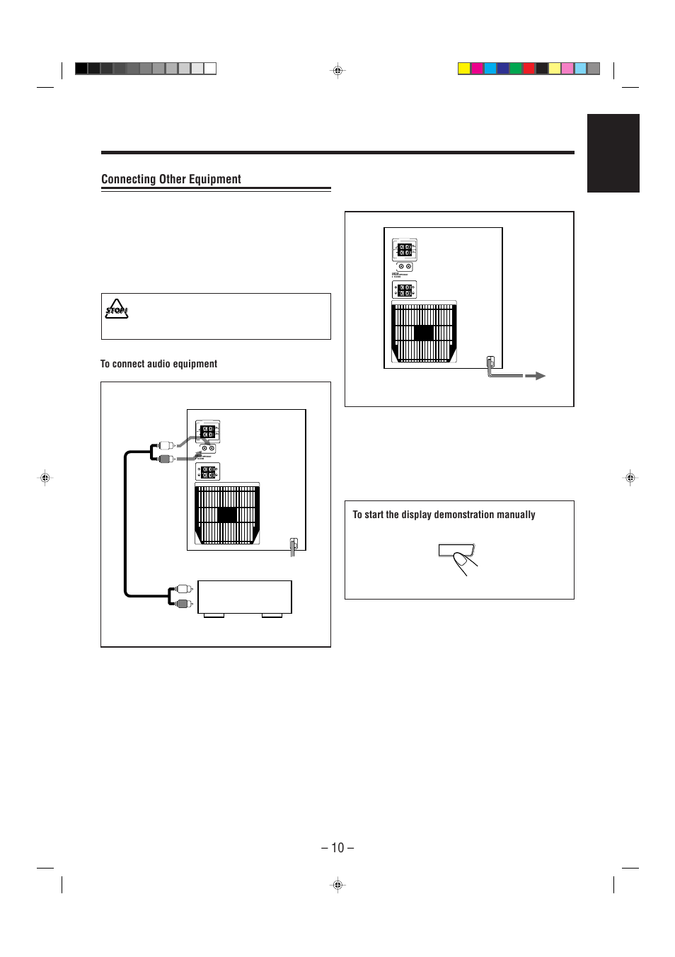 Connecting other equipment, English, Press and hold demo for more than 2 seconds | Right left, Audio equipment | JVC CA-MXJ206 User Manual | Page 13 / 32