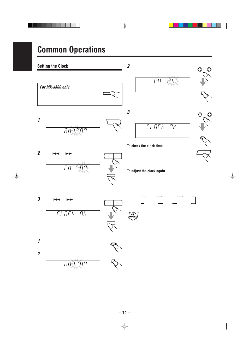 Common operations, Setting the clock, For mx-j300 only | English, Press panel open/close, On the unit, Press clock/timer, Press 4 or ¢ to adjust the hour, then press set, Press shift, Press clock | JVC CA-MXJ206 User Manual | Page 14 / 32