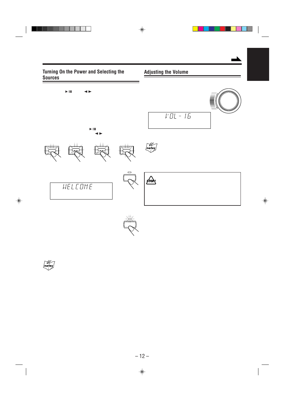 Adjusting the volume, Turning on the power and selecting the sources, English | JVC CA-MXJ206 User Manual | Page 15 / 32