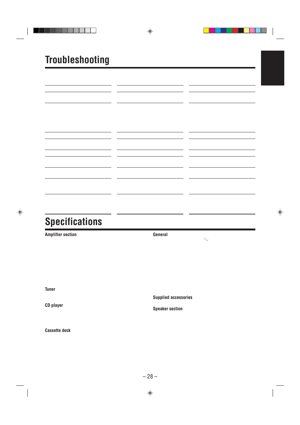 Troubleshooting, Specifications, English | JVC CA-MXJ206 User Manual | Page 31 / 32