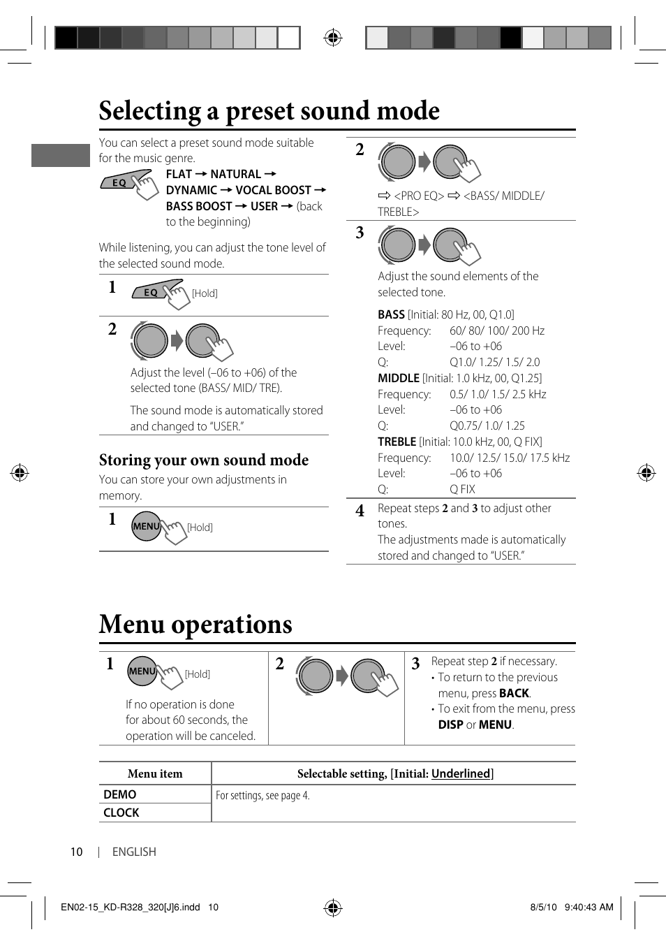 Menu operations, Selecting a preset sound mode, Storing your own sound mode | JVC GET0669-001A User Manual | Page 10 / 43