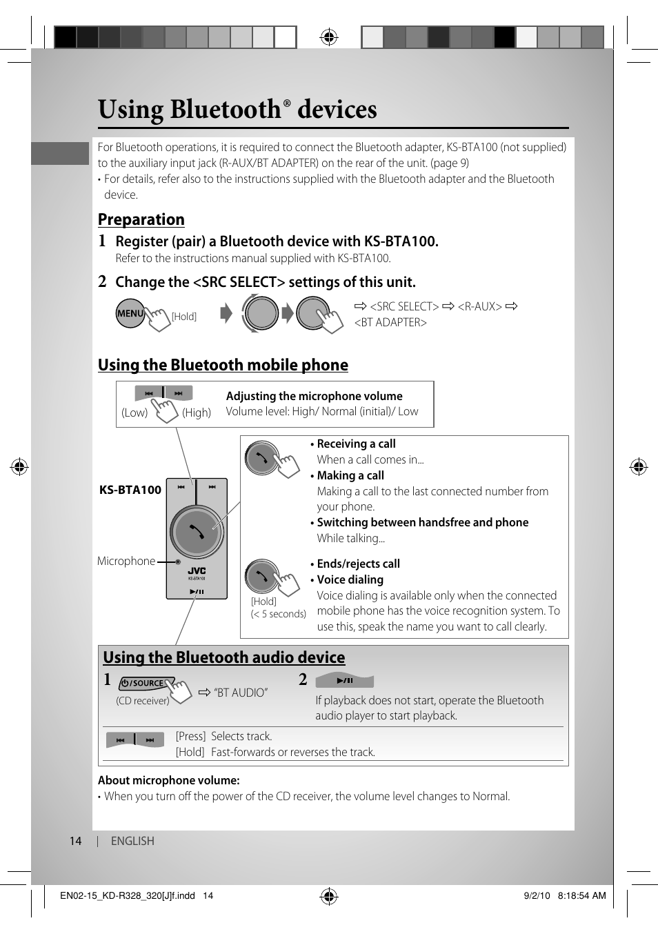 Using bluetooth ® devices, Preparation, Using the bluetooth mobile phone | Using the bluetooth audio device | JVC GET0669-001A User Manual | Page 14 / 43