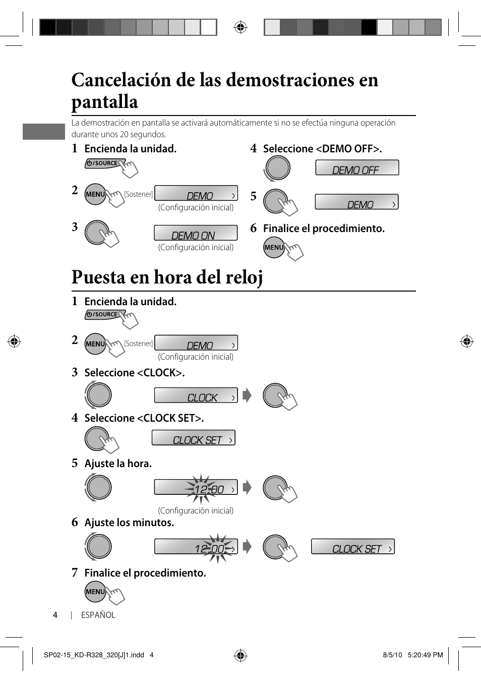 Puesta en hora del reloj, Cancelación de las demostraciones en pantalla | JVC GET0669-001A User Manual | Page 18 / 43