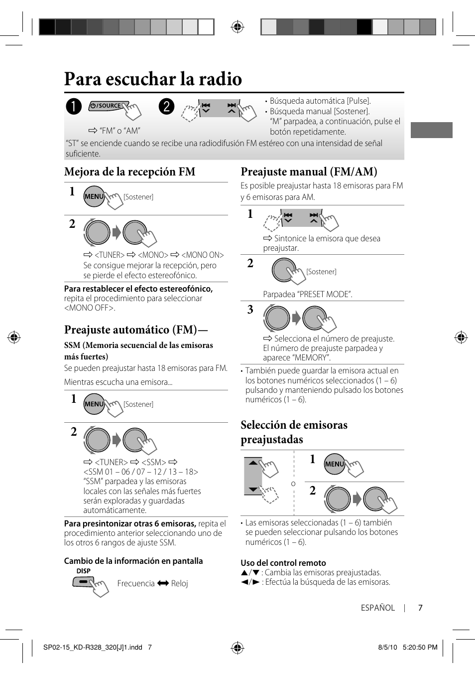 Para escuchar la radio, Mejora de la recepción fm, Preajuste automático (fm) | Preajuste manual (fm/am), Selección de emisoras preajustadas | JVC GET0669-001A User Manual | Page 21 / 43