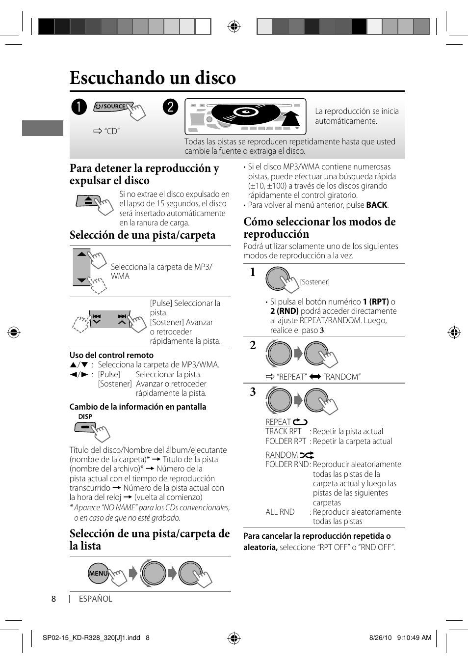 Escuchando un disco, Para detener la reproducción y expulsar el disco, Selección de una pista/carpeta | Selección de una pista/carpeta de la lista, Cómo seleccionar los modos de reproducción | JVC GET0669-001A User Manual | Page 22 / 43