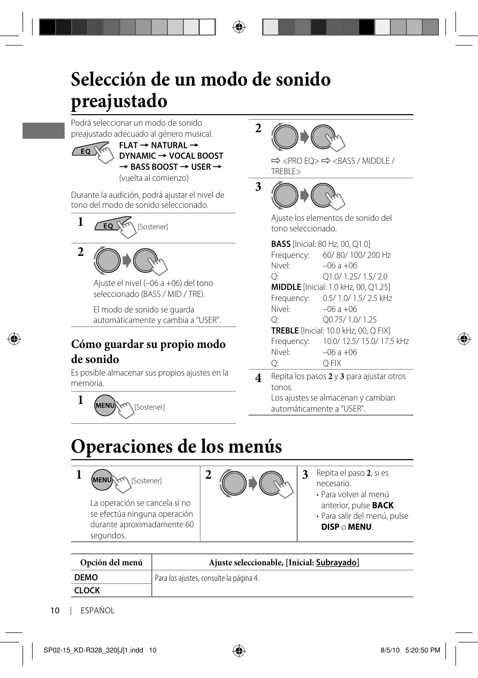 Operaciones de los menús, Selección de un modo de sonido preajustado, Cómo guardar su propio modo de sonido | JVC GET0669-001A User Manual | Page 24 / 43