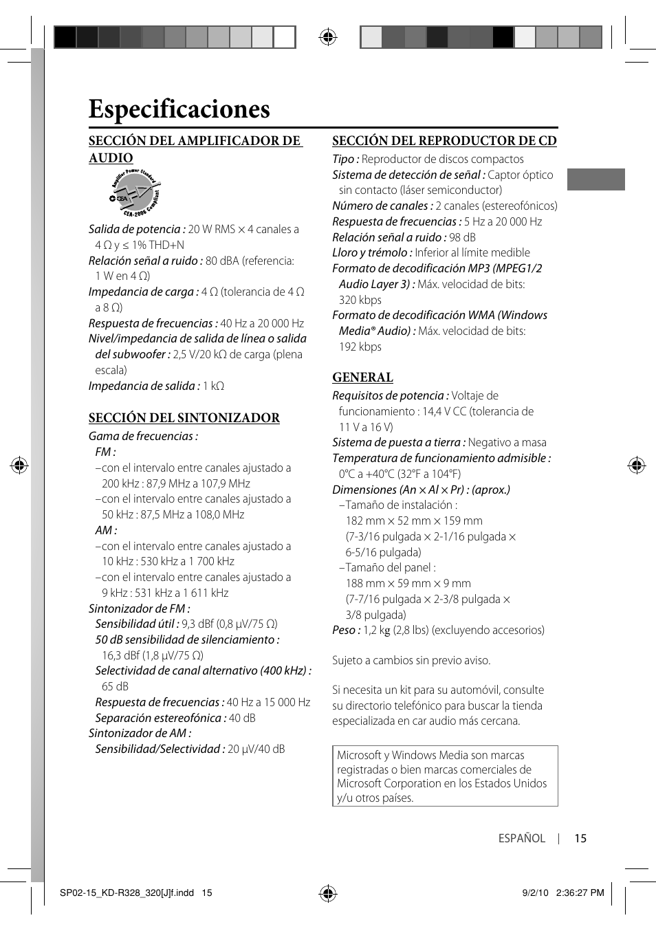 Especificaciones | JVC GET0669-001A User Manual | Page 29 / 43