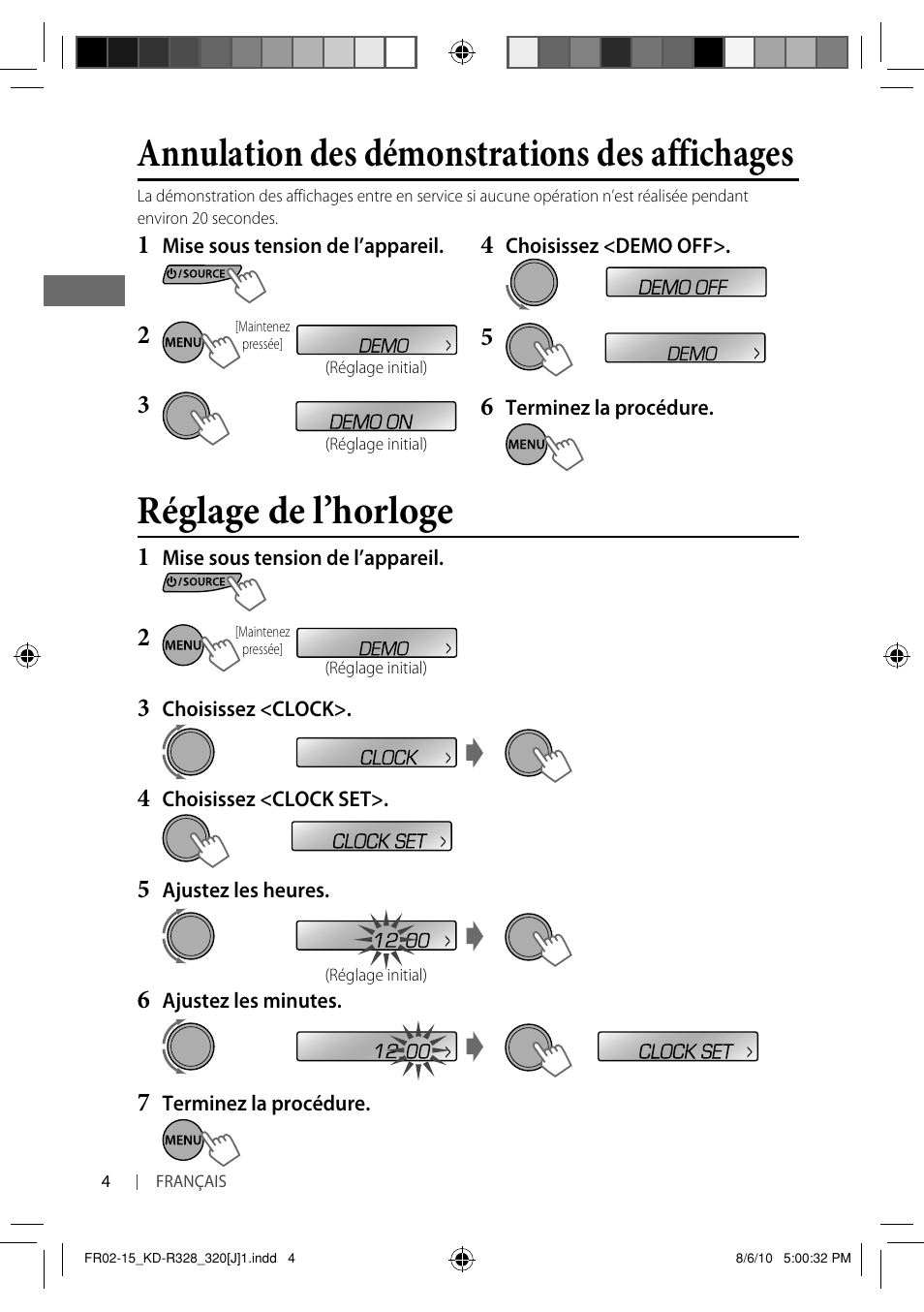 Réglage de l’horloge, Annulation des démonstrations des affichages | JVC GET0669-001A User Manual | Page 32 / 43