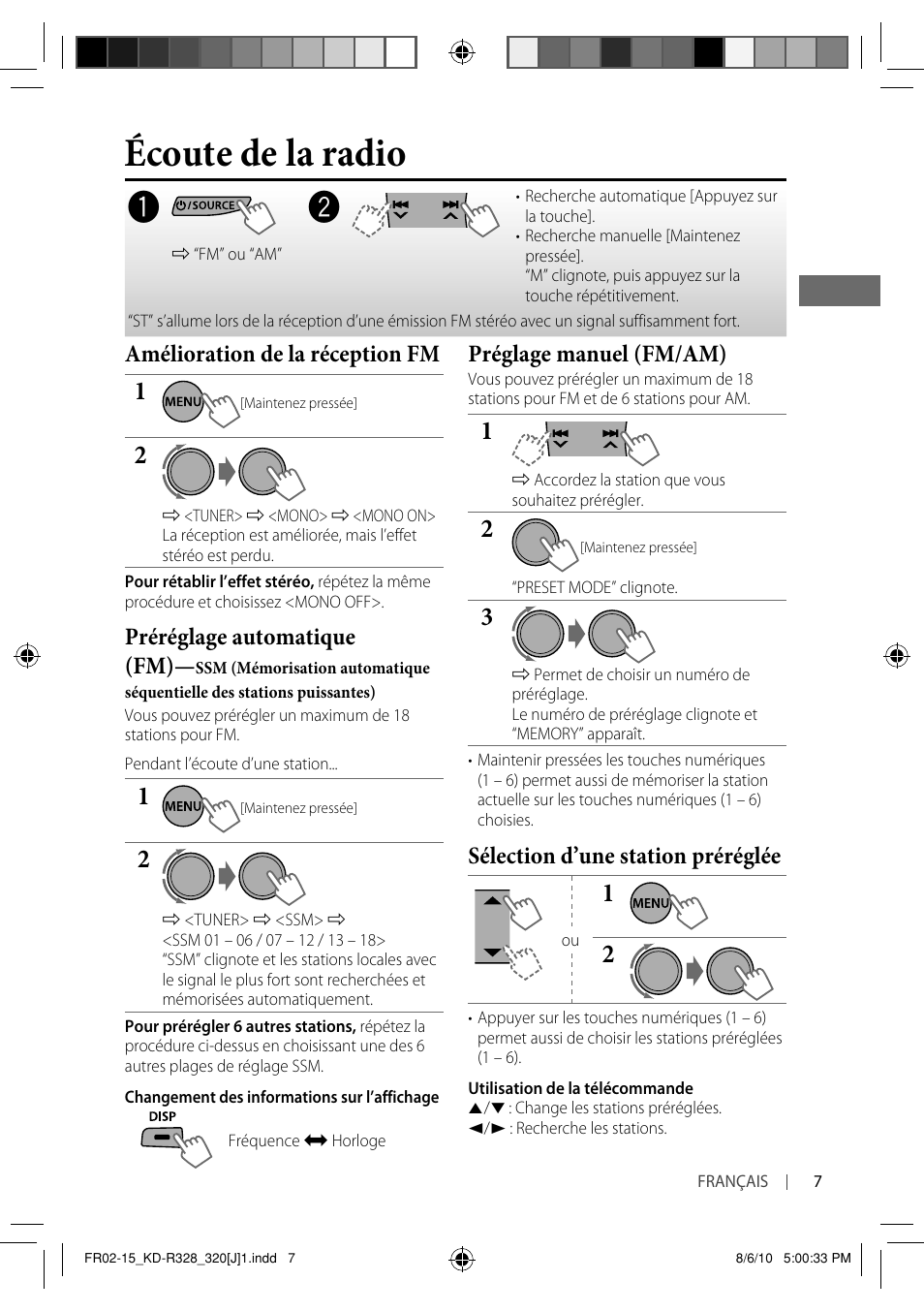 Écoute de la radio, Amélioration de la réception fm, Préréglage automatique (fm) | Préglage manuel (fm/am), Sélection d’une station préréglée | JVC GET0669-001A User Manual | Page 35 / 43