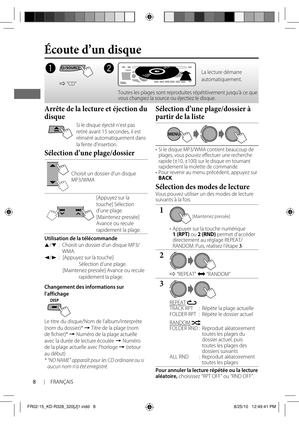 Écoute d’un disque, Arrête de la lecture et éjection du disque, Sélection d’une plage/dossier | Sélection d’une plage/dossier à partir de la liste, Sélection des modes de lecture | JVC GET0669-001A User Manual | Page 36 / 43