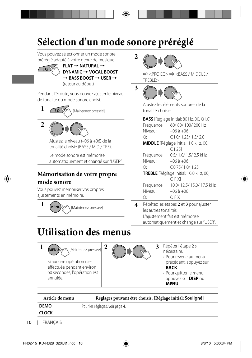 Utilisation des menus, Sélection d’un mode sonore préréglé, Mémorisation de votre propre mode sonore | JVC GET0669-001A User Manual | Page 38 / 43