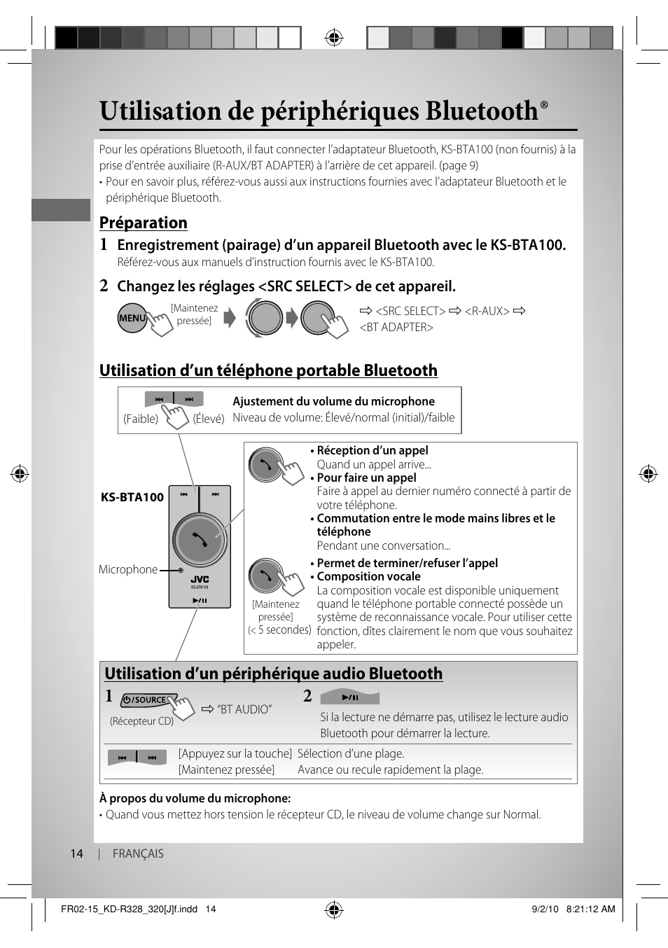 Utilisation de périphériques bluetooth, Préparation, Utilisation d’un téléphone portable bluetooth | Utilisation d’un périphérique audio bluetooth | JVC GET0669-001A User Manual | Page 42 / 43