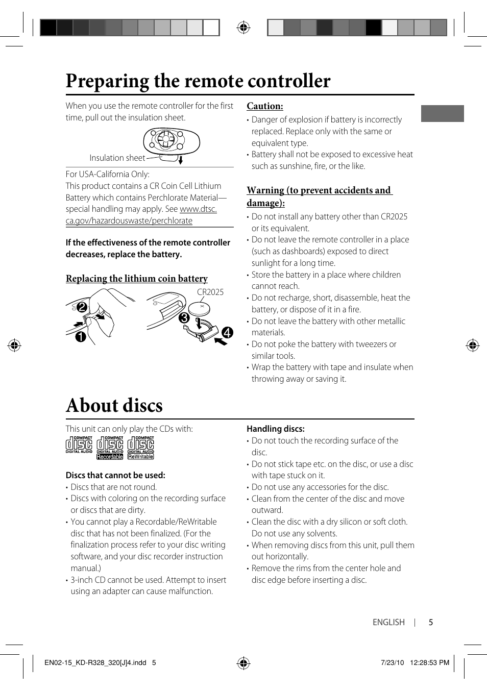 Preparing the remote controller about discs | JVC GET0669-001A User Manual | Page 5 / 43