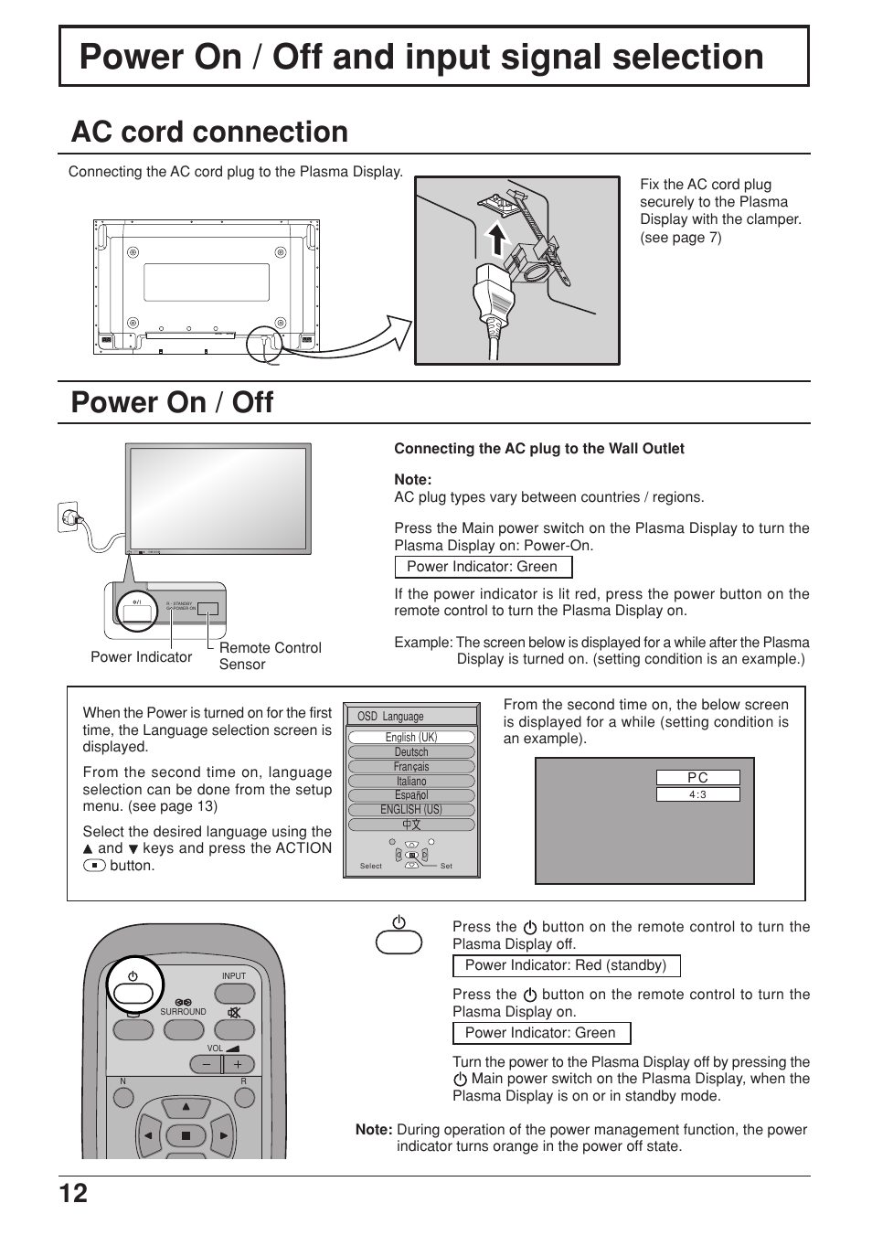Power on / off and input signal selection, Ac cord connection, Power on / off | JVC GD-V422PCE User Manual | Page 12 / 36