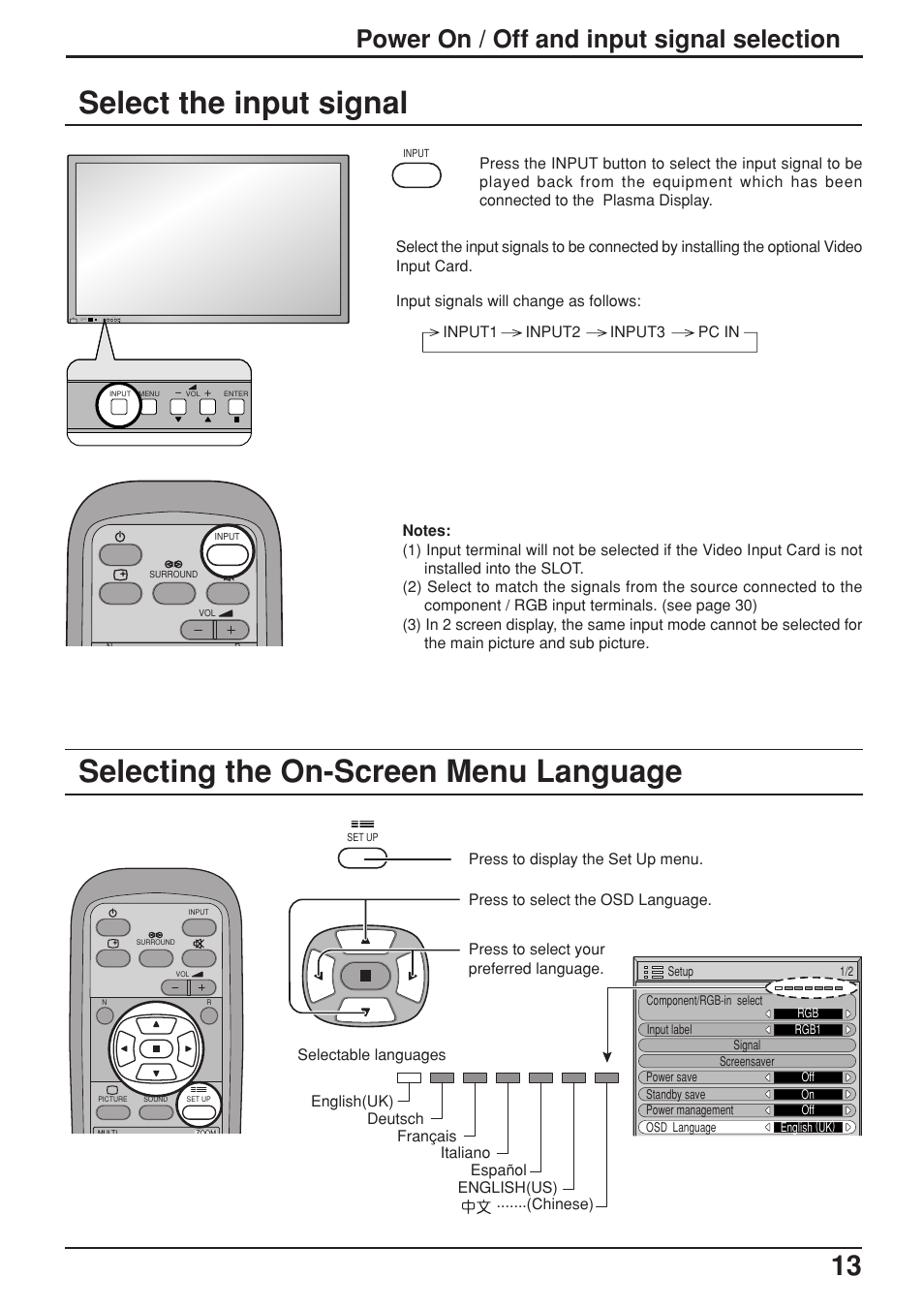 Select the input signal, Selecting the on-screen menu language, Power on / off and input signal selection | JVC GD-V422PCE User Manual | Page 13 / 36