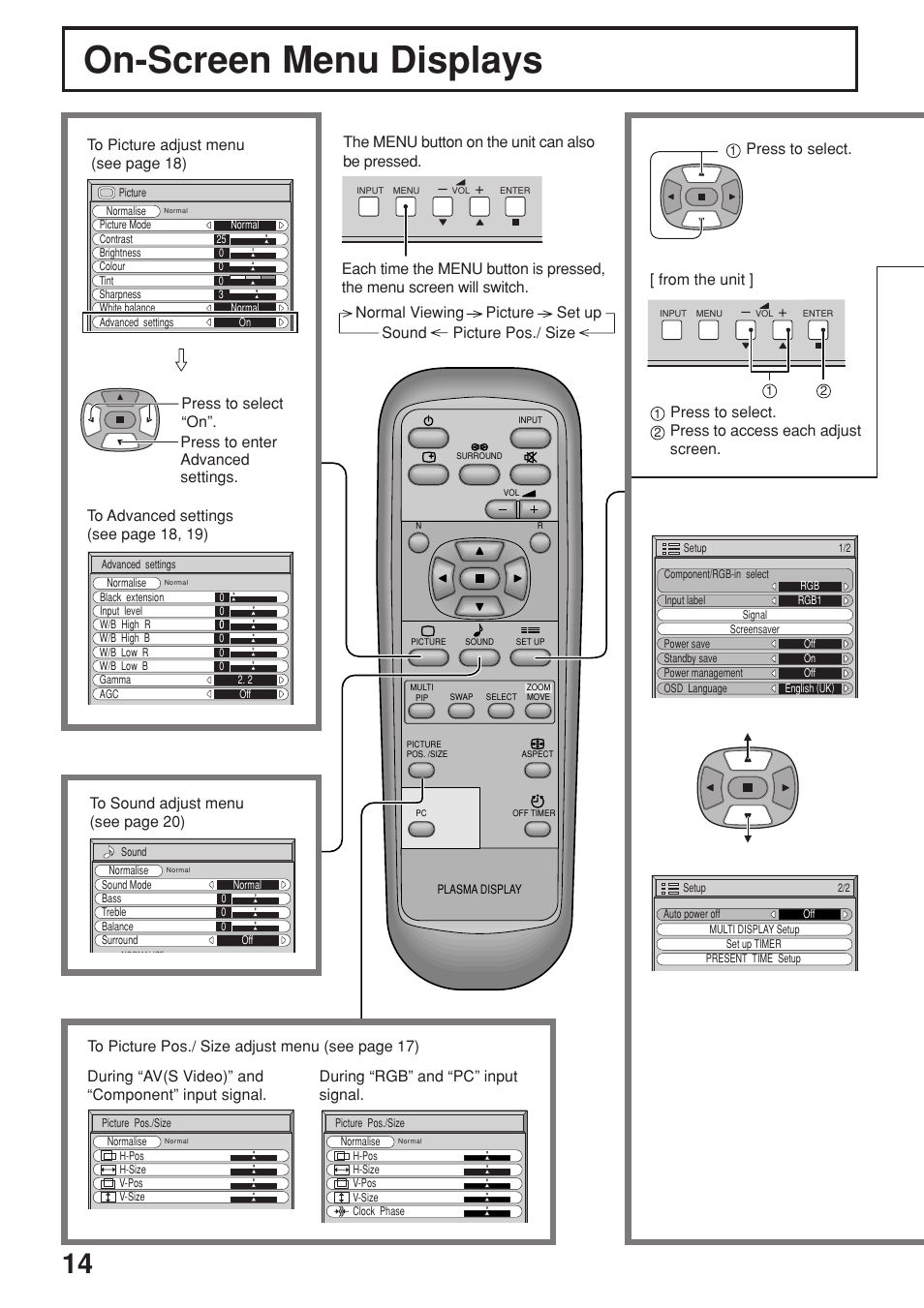 On-screen menu displays, During “rgb” and “pc” input signal, Press to select | JVC GD-V422PCE User Manual | Page 14 / 36