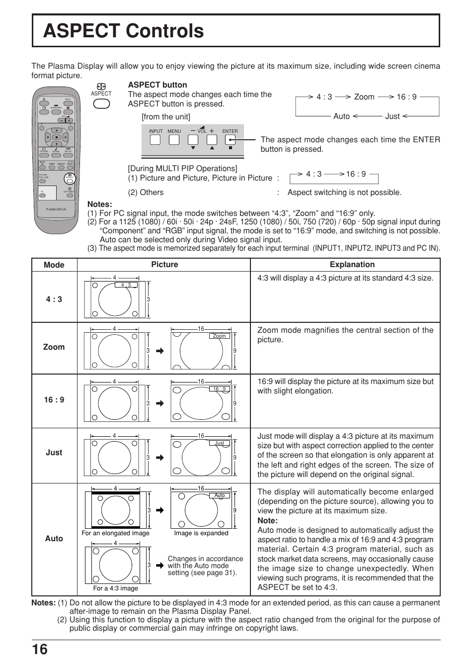 Aspect controls | JVC GD-V422PCE User Manual | Page 16 / 36