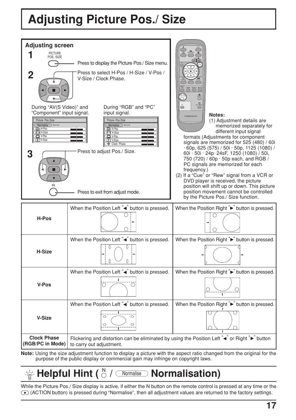 Adjusting picture pos./ size, Helpful hint, Normalisation) | Adjusting screen, Normalise | JVC GD-V422PCE User Manual | Page 17 / 36