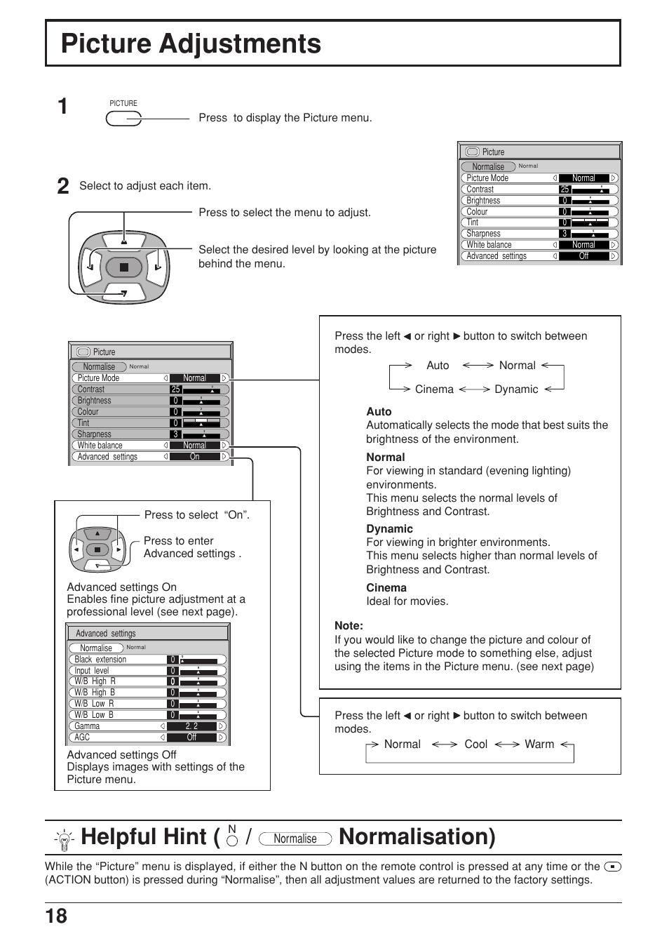 Picture adjustments, Helpful hint, Normalisation) | JVC GD-V422PCE User Manual | Page 18 / 36