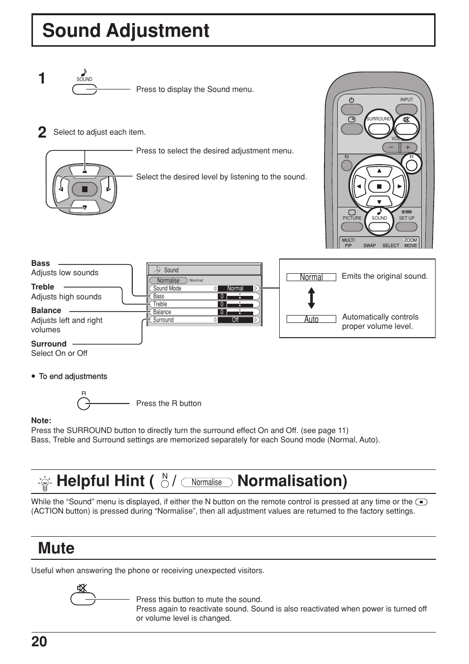 Sound adjustment, Mute, Helpful hint | Normalisation) | JVC GD-V422PCE User Manual | Page 20 / 36