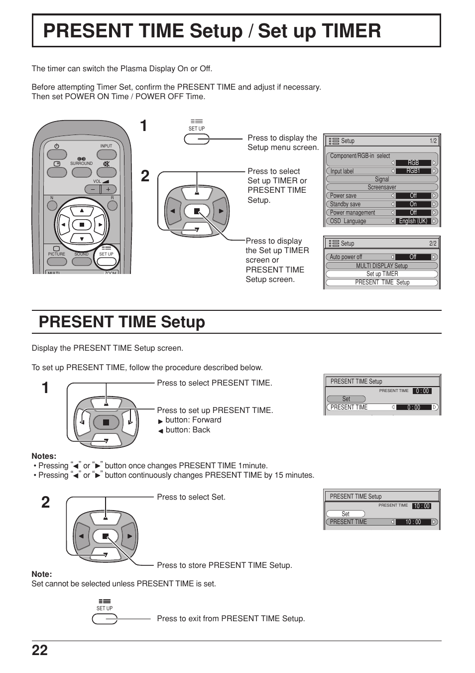 Present time setup / set up timer, Present time setup, Present time setup 1 2 | JVC GD-V422PCE User Manual | Page 22 / 36