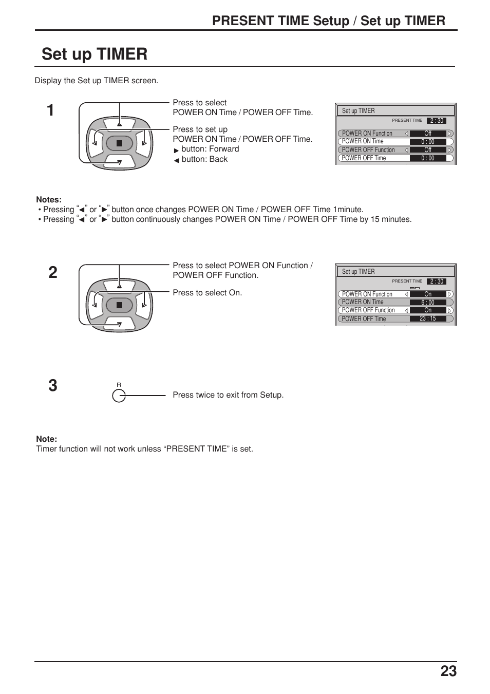 Set up timer, Present time setup / set up timer | JVC GD-V422PCE User Manual | Page 23 / 36