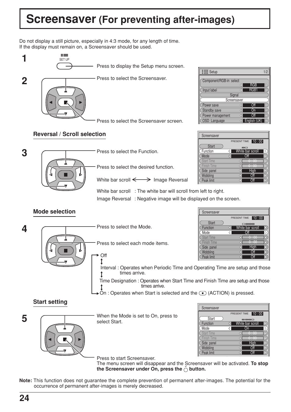 Screensaver (for preventing after-images), Screensaver, For preventing after-images) | Mode selection reversal / scroll selection, Start setting | JVC GD-V422PCE User Manual | Page 24 / 36