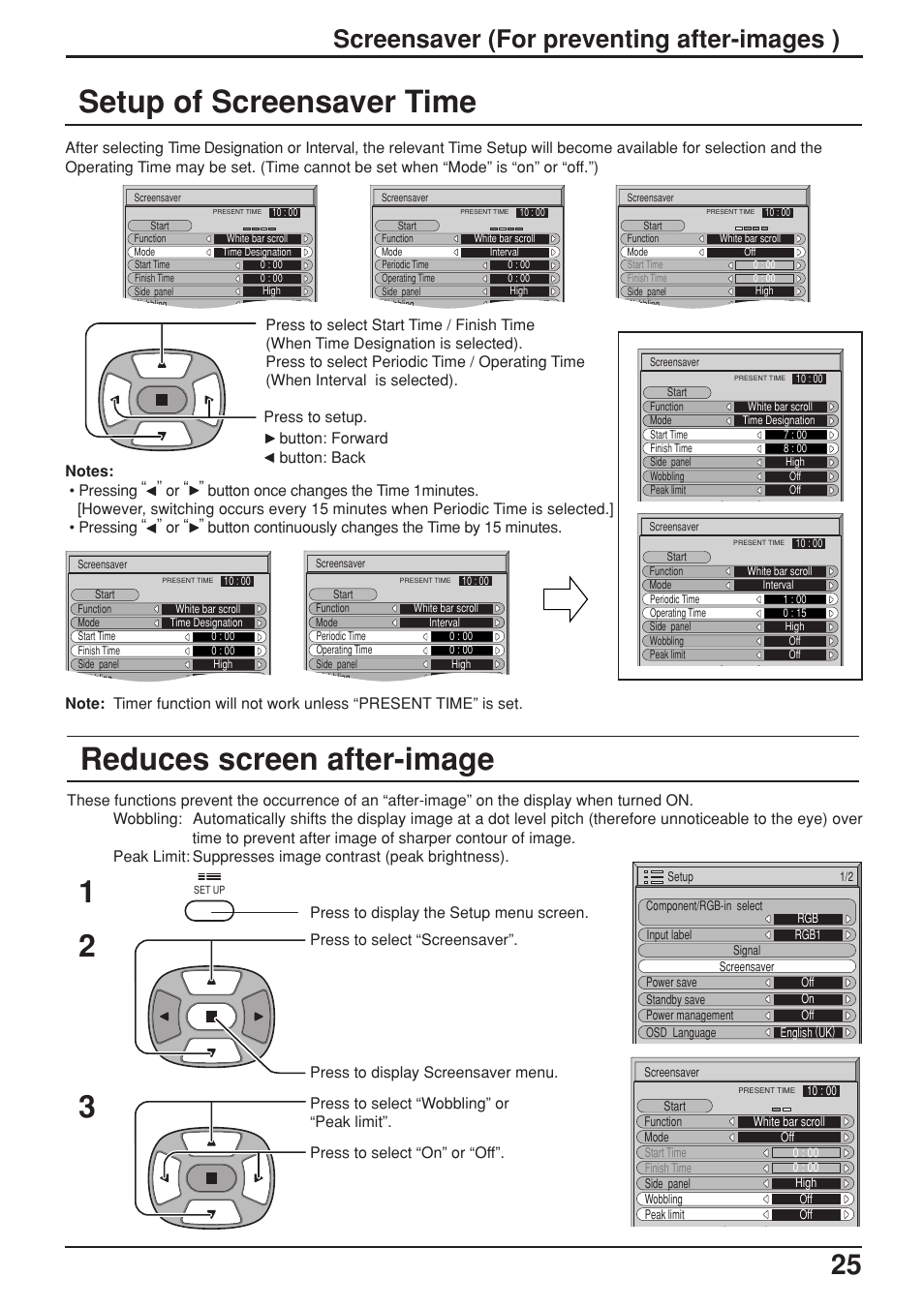 Setup of screensaver time, Reduces screen after-image, Screensaver (for preventing after-images ) | JVC GD-V422PCE User Manual | Page 25 / 36