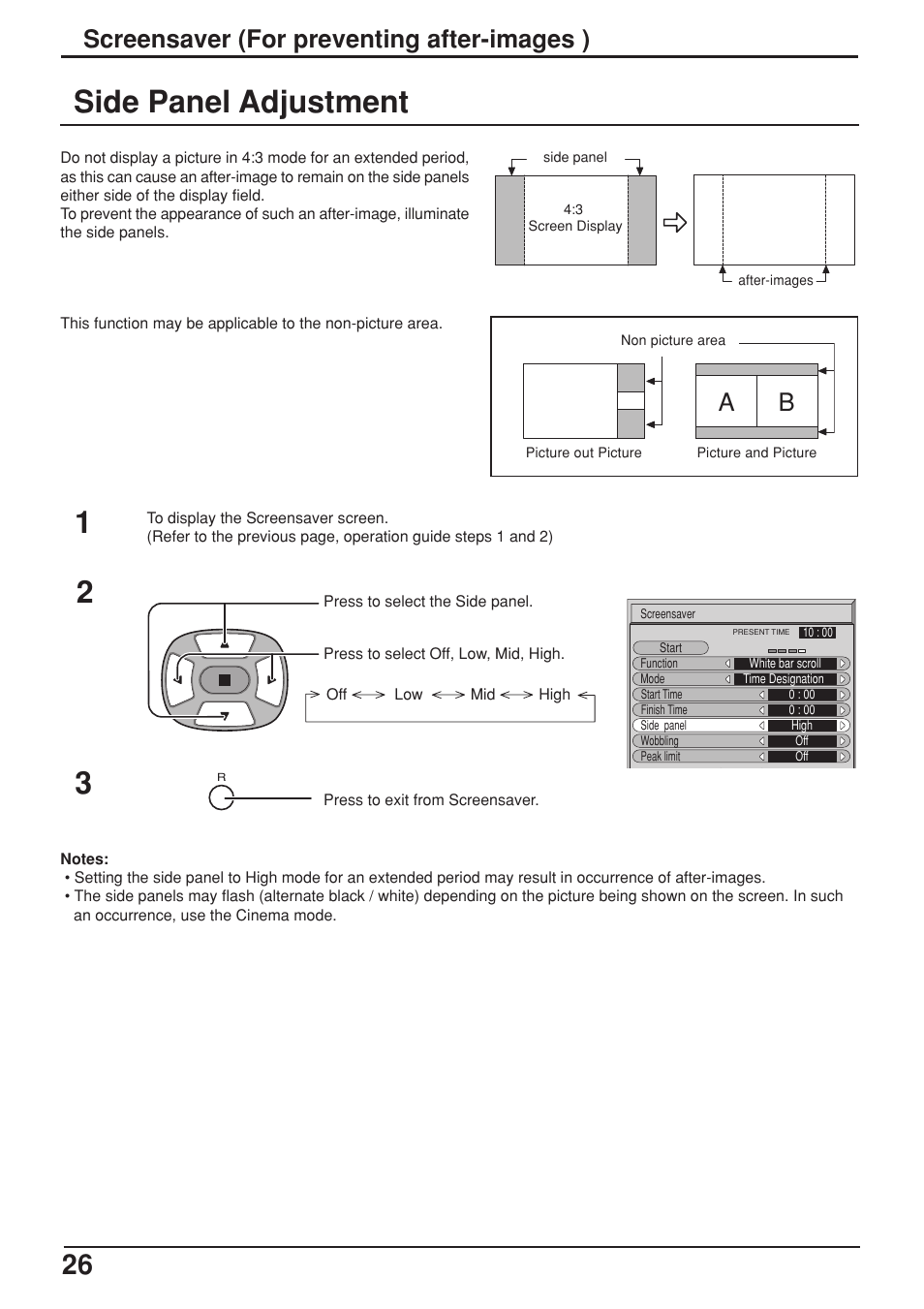 Side panel adjustment, Side panel adjustment 2, Screensaver (for preventing after-images ) a b | JVC GD-V422PCE User Manual | Page 26 / 36